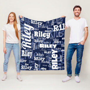 Modern Navy Blue White Name Repeating Pattern  Fleece Blanket