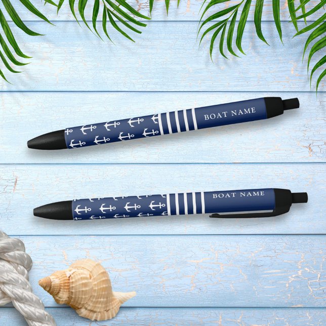 Modern Navy Blue White Nautical Anchor Boat Name Blue Ink Pen (Creator Uploaded)