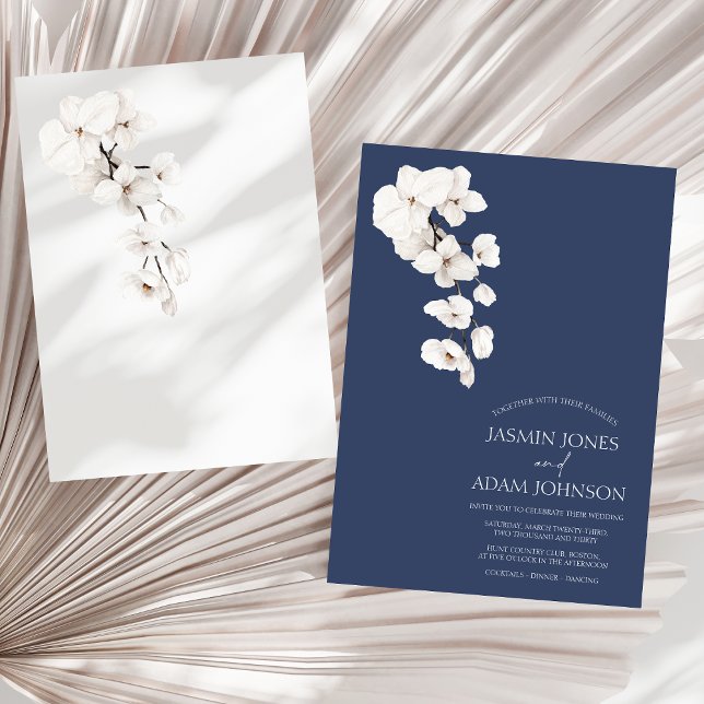 Modern Navy Blue White Orchid Floral Wedding Invitation (Modern Navy Blue White Orchids Flowers Wedding Invitation)