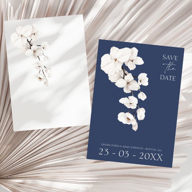 Modern Navy Blue White Orchids Flowers Wedding Save The Date (Modern Navy Blue White Orchids Flowers Wedding Save The Date)