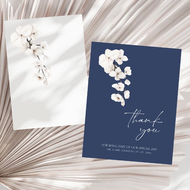 Modern Navy Blue White Orchids Flowers Wedding Thank You Card (Modern Navy Blue White Orchids Flowers Wedding Thank You Card)