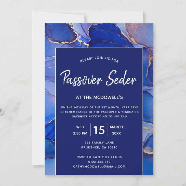 Modern Navy Blue White Passover Invitation (Front)