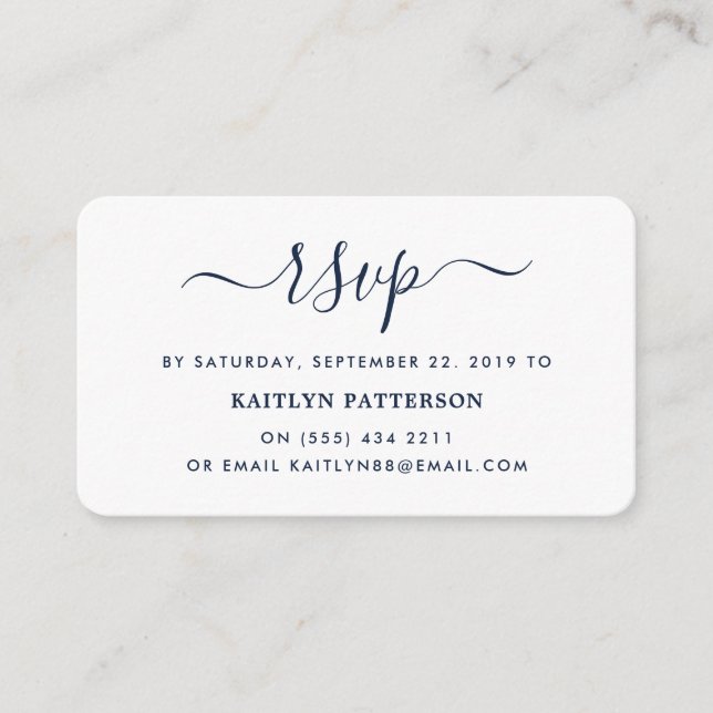 Modern Navy Blue & White Simple Script RSVP Enclosure Card (Front)