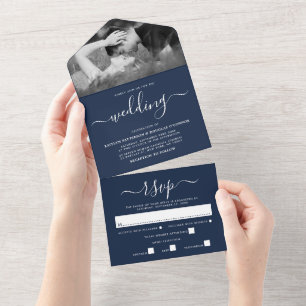 Modern Navy Blue & White Simple Script Wedding All In One Invitation