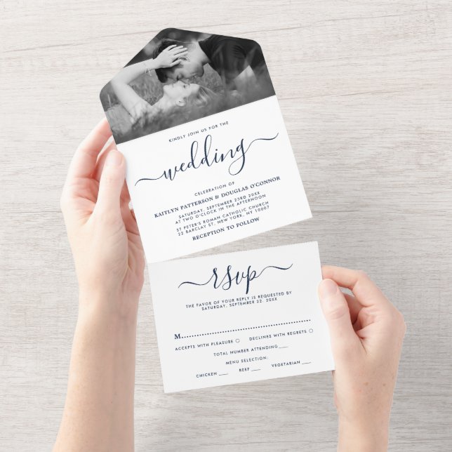 Modern Navy Blue & White Simple Script Wedding All In One Invitation (Tearaway)