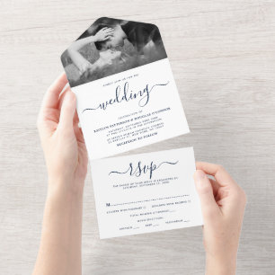 Modern Navy Blue & White Simple Script Wedding All In One Invitation