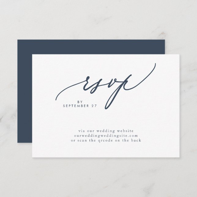 Modern Navy Blue White Simple Wedding QR CODE RSVP Card (Front/Back)