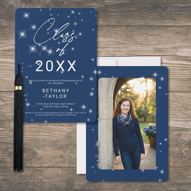 Modern Navy Blue & White Sparkle Graduation Announcement (Modern Navy Blue & White Sparkle Graduation Announcement)