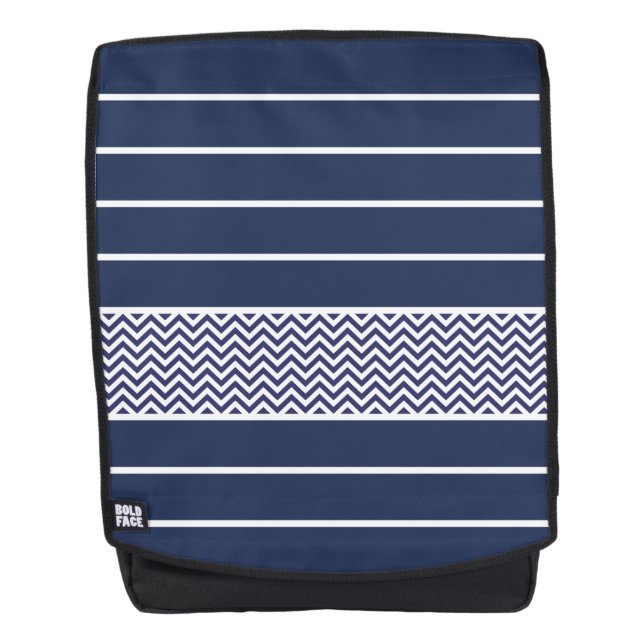 Modern Navy Blue White Stripes Chevron Pattern Backpack (Front)