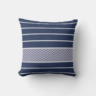 Modern Navy Blue White Stripes Chevron Pattern Cushion
