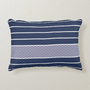 Modern Navy Blue White Stripes Chevron Pattern Decorative Cushion