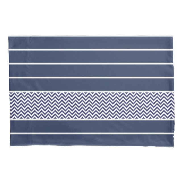 Modern Navy Blue White Stripes Chevron Pattern Pillowcase (Front)