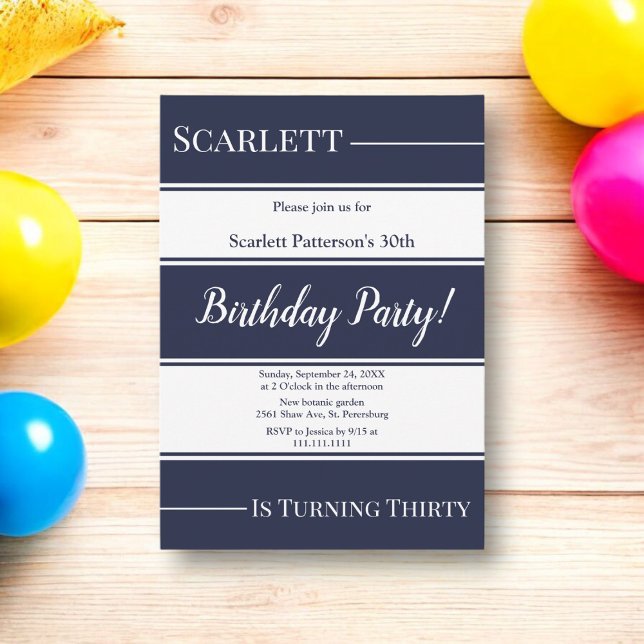 Modern Navy Blue White Stripes Elegant Birthday Invitation (Creator Uploaded)