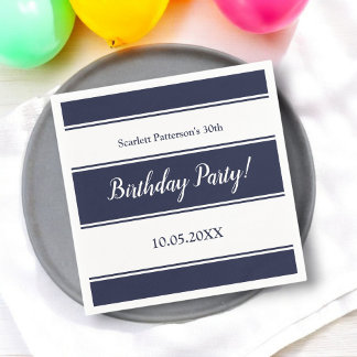 Modern Navy Blue White Stripes Elegant Birthday Napkin