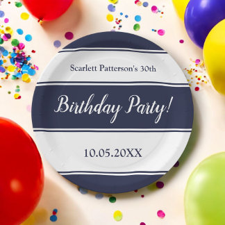 Modern Navy Blue White Stripes Elegant Birthday Paper Plate