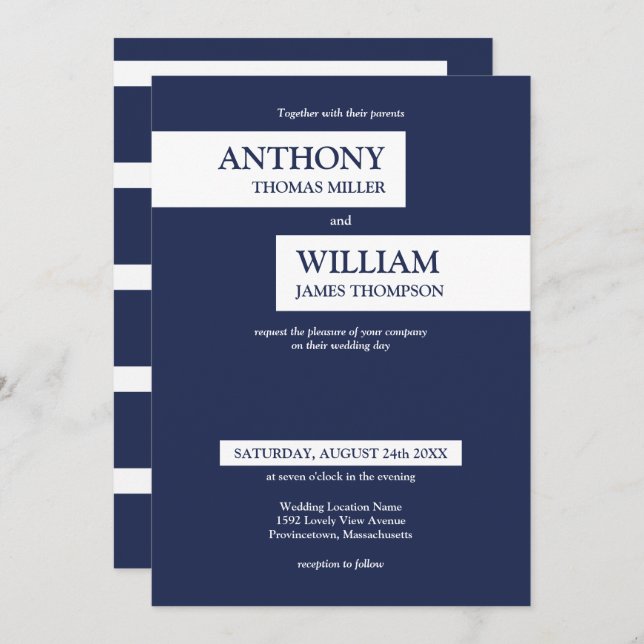 Modern Navy Blue White Stripes Geometric Wedding Invitation (Front/Back)