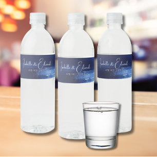 Modern Navy Blue & White Watercolor Brush Strokes Water Bottle Label