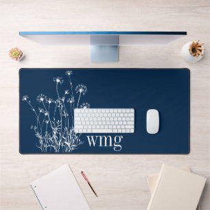 Modern Navy Blue & White Wildflowers Monogram Desk Mat