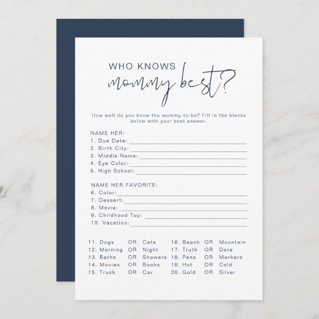 Modern Navy Blue Who Knows Mum Best Game Invitation (Front/Back)