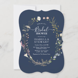 Modern Navy Blue Wildflower Elegant Bridal Shower Invitation