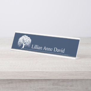 Modern Navy Blue Willow Tree Logo Personalized Desk Name Plate