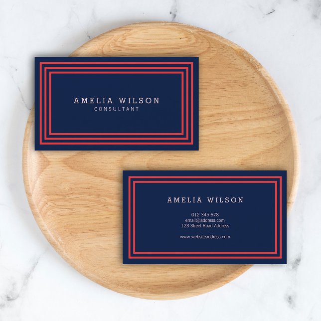 Modern Navy Blue with Salmon Pink Borders Business Card (Creator Uploaded)