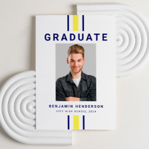 Modern Navy Blue Yellow Photo Graduation Announcement