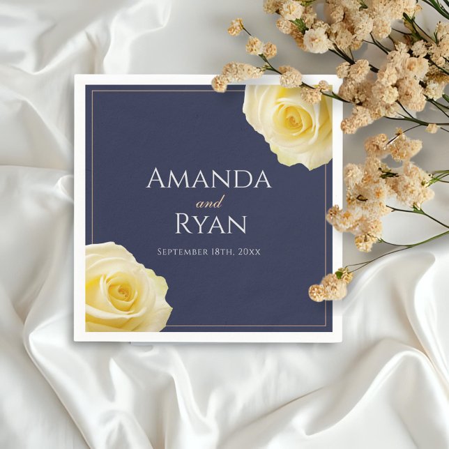 Modern Navy Blue Yellow Rose Floral Wedding Napkin (Creator Uploaded)