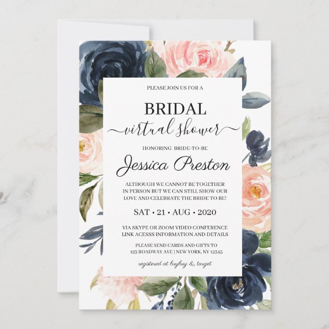 Modern Navy Blush Floral Virtual Bridal Shower Invitation (Front)