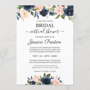 Modern Navy Blush Floral Virtual Bridal Shower Invitation