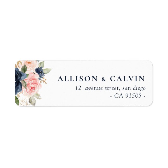 Modern navy blush floral wedding address label (Front)