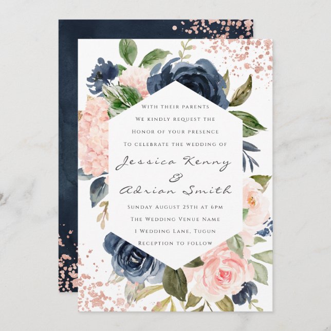 Modern Navy & Blush Watercolor Flowers Wedding Invitation (Front/Back)