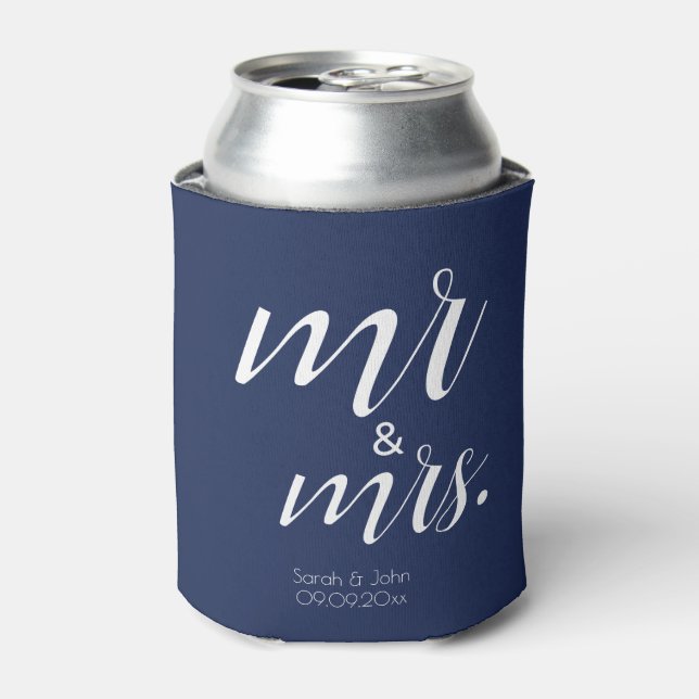 Modern Navy Bold Mr & Mrs Wedding Favours  Can Cooler (Can Front)