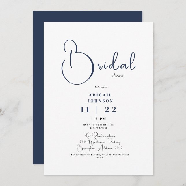 Modern Navy Bridal Shower Invitation (Front/Back)