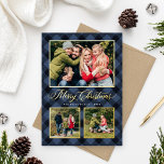 Modern Navy Buffalo Plaid Christmas Photo Collage<br><div class="desc">Modern and festive plaid photo holiday card features a collage of 3 photos framed by a border and accents of real gold foil and hand painted watercolor navy blue and black buffalo plaid check patterned background. Personalize the custom "Merriest Christmas" text with your preferred wording, family name, and the year....</div>