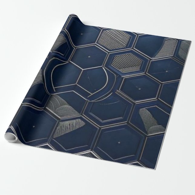 Modern Navy & Carbon Hexagon Tech Geometric Wrapping Paper (Unrolled)