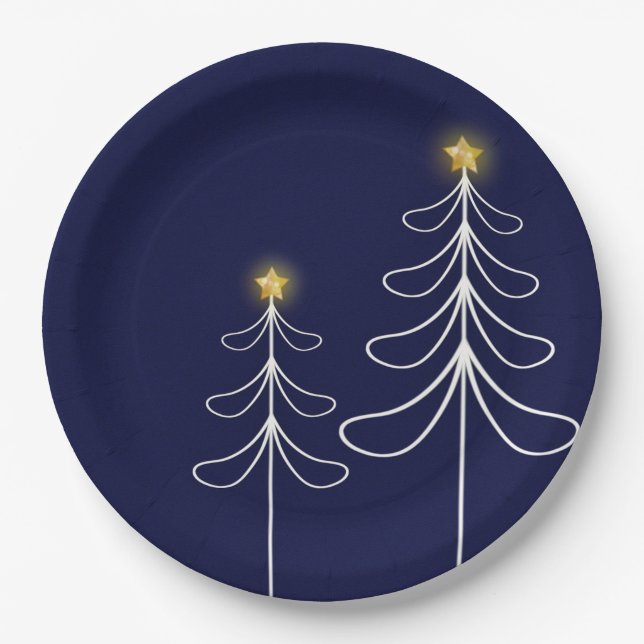 Modern Navy Christmas Tree Graphic Paper Plate (Front)