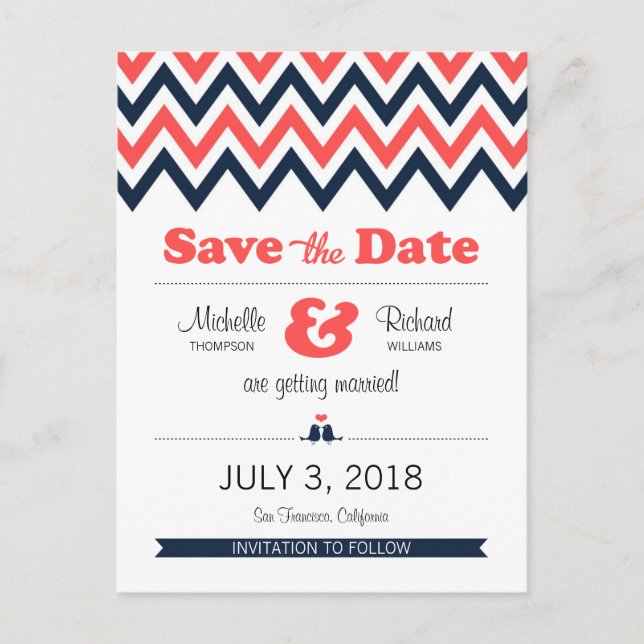 Modern Navy Coral Chevron Lovebirds Save the Date Announcement Postcard (Front)