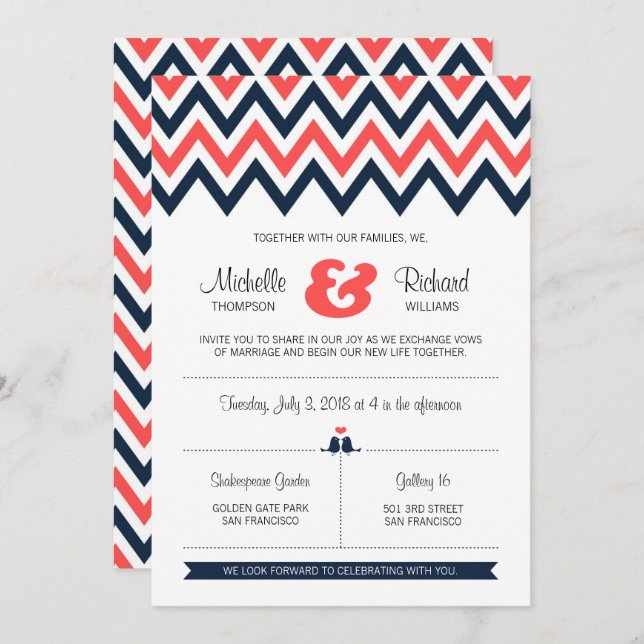 Modern Navy & Coral Chevron & Lovebirds Wedding Invitation (Front/Back)
