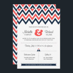 Modern Navy & Coral Chevron & Lovebirds Wedding Invitation<br><div class="desc">A modern & minimalist invitation suite with navy and coral chevron stripes and cute love birds.</div>