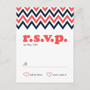 Modern Navy & Coral Chevron & Lovebirds Wedding Invitation Postcard