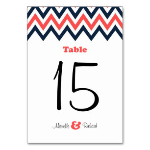 Modern Navy & Coral Chevron & Lovebirds Wedding Table Number