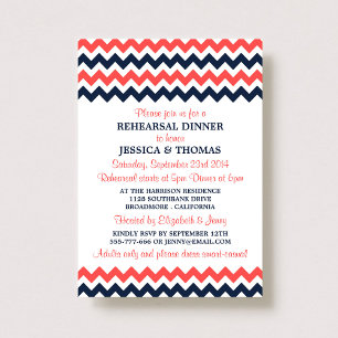Modern Navy & Coral Chevron Rehearsal Dinner Invitation