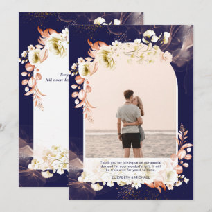 Modern Navy Coral Floral PHOTO THANK YOU Card