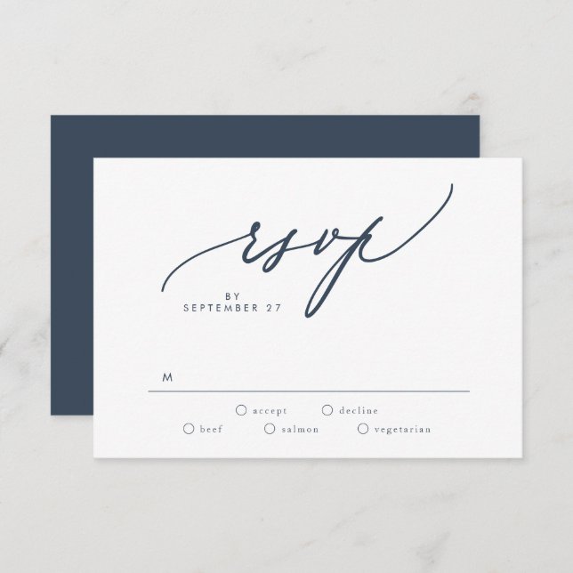Modern Navy Dark Blue White Simple Wedding RSVP Card (Front/Back)
