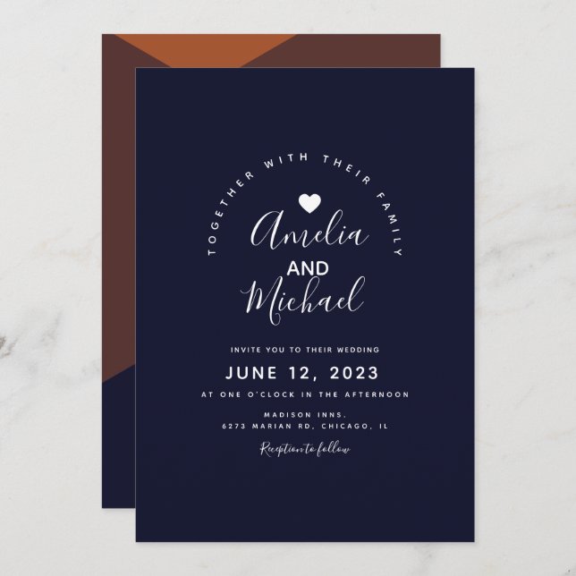 Modern Navy Dark Chocolate Terracotta Wedding Invitation (Front/Back)