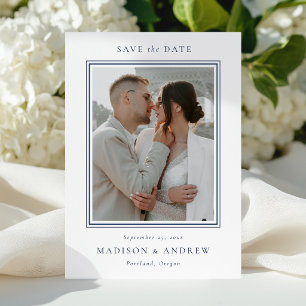 Modern Navy Double Border 2 Photo Wedding Save The Date
