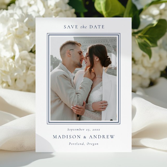 Modern Navy Double Border 2 Photo Wedding Save The Date (Creator Uploaded)