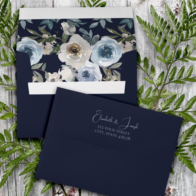 Modern Navy & Dusty Blue Floral Classic Wedding Envelope (Creator Uploaded)