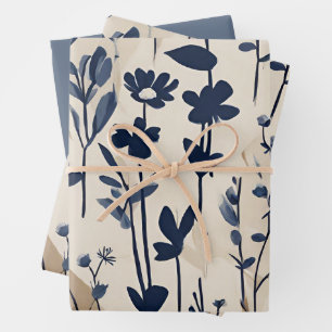 Modern Navy Dusty Blue Floral Wrapping Paper Sheet